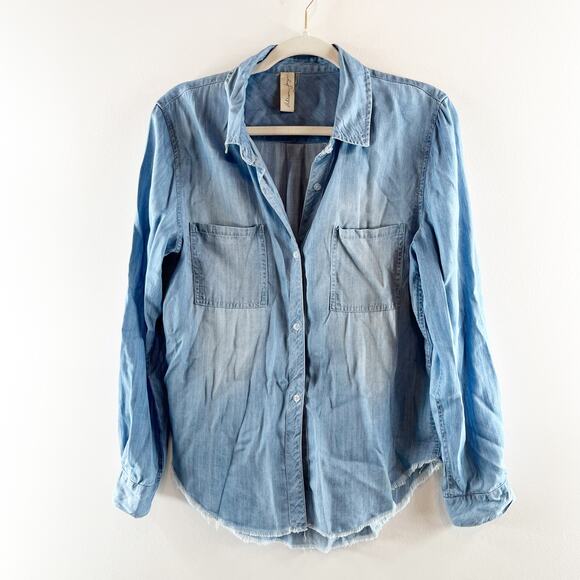 Allison Jay Long Sleeve Chambray Denim Frayed Hem Button Up Shirt Blue Small - Picture 1 of 8